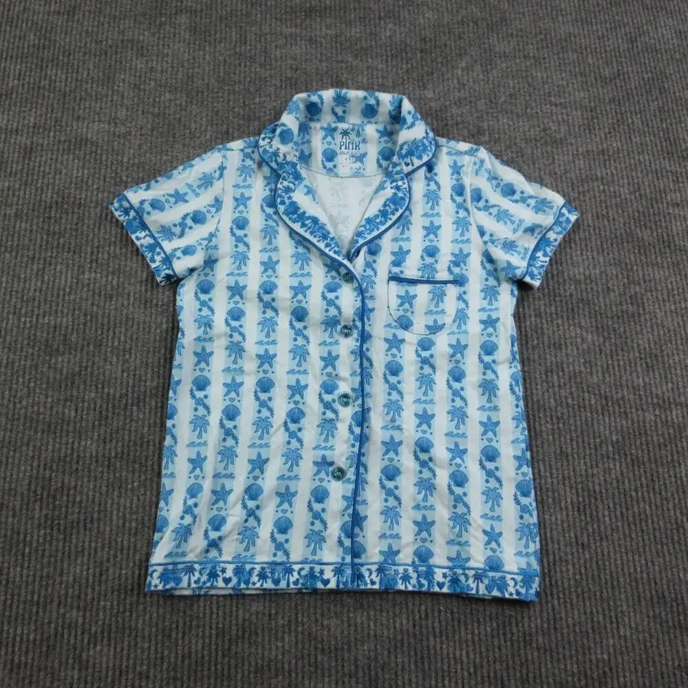 PINK Pajama Top Womens 2XS Blue Striped Palm Puff 100% Supima Cotton Collared
